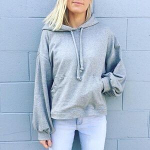 𝅺retro Girl Light Grey Cropped Balloon Sleeve Hooded Sweatshirt